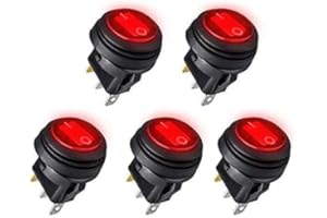 LINKSTYLE 20mm Kippschalter 12V, SPST 3 Pin Rund EIN/AUS Schalter mit LED Licht, 20A Selbsthemmung Wippschalter für Auto KFZ Beleuchtet Boot Yacht RV Haushaltsgeräte (5 Stück, Rot)