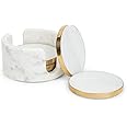DREAMY WALLS Marble Coaster Set of 4 with Holder - Natural White Marble Thick Brass Rim, Handcrafted - 4? Dining Table Decor Accessories- Coasters for Tea Coffee Cup Glass, Premium Coasters,Luxurious
