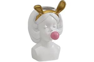 Hosoncovy Vase en Résine Mignon Lapin Oreille Fille Bubble Gum Vase Visage Vase Plante Pot Petit Vase Décoratif Vase Fleur Vase Maquillage Brosse Organisateur Porte-Stylo (Blanc)