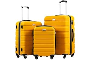 COOLIFE Valigie Valigia Trolley rigido ultraleggero e capiente,Chiusura a combinazione laterale con TSA, 4 ruote per facilitare il trasporto (Giallo, Set da 3 Pezzi)