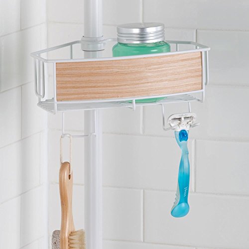 InterDesign RealWood Teleskop Duschregal | mit Handtuchhalter und Haken | hochwertige Duschablage ohne Bohren | vierfacher Duschkorb für mehr Stauraum | Metall mit Echtholz - 5