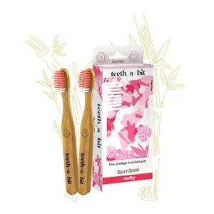 teeth-a-bit The Pledge Bamboo Toothbrush Kids (5-8 Years) Hefty Handle Gum Sensitive Soft Bristles Pack of 2 (Love Pink)