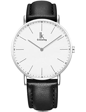 Alienwork IK Quarz Armbanduhr Ultra-flach Uhr Herren Uhren Damen Zeitloses Design Leder silber schwarz 98469G-02