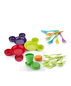MTR Mantra Unbreakable Mickey Shaped Kids/Snack Serving Plate (Assorted Colors) (Pack of 3 pcs palte, 3pcs Spoon and 3 pcs-Fork and 1 pcs Glass)