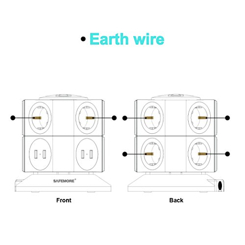 SAFEMORE Multipresa Ciabatta Elettrica con 4 Porte USB e 6 prese Elettriche EU con protezione termica per sovratensione. Le Porte USB per la Ricarica Supportano PC,Smartphone,Android Dispositivi (Nero + Nero, 4 USB & 6 Prese)