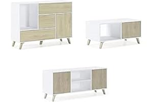 Skraut Home - Set Aparador+Mueble de TV+Mesa de Centro Salón - Modelo Wind - Conjunto para Comedor - Estructura Resistente - Fácil Montaje - Acabado Blanco/Puccini