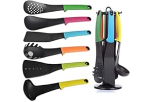 SHIRAZO Kitchen Utensil Set 6pcs Nylon&Silicone Cooking Utensils, Non-Scratch Cookware with Soup ladle, Spoon, Skimmer, Spaghetti Serving, Spatula, Slotted Turner