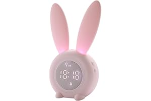 DIAMOOKY Reloj Despertador de Conejo,Despertador Digital Infantil,Conejito Lindo mesita de Noche con lámpara de luz Nocturna,6 música Interesante,Visualización de Hora/Fecha/Temperatura,Regalo para Niños