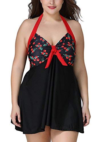 Bikini Robe Taille Haute Femme Maillot de Bain Deux Pièce Push-up Dos Nu Extensible Grande Taille Cache Ventre Imprimée Vintage 50S pour Eté Plage Piscine Natation Vacances Confortable Taille 50-52