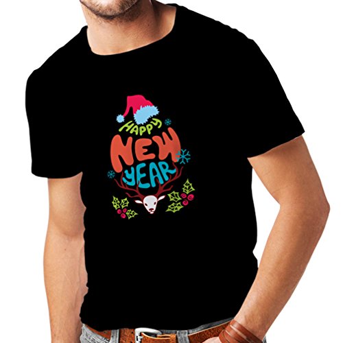 T shirts for men Happy New Year vintage vacation shirt (Large Black Multi Color)