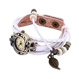 Brown Retro Weave Wrap Lady Bead Blatt baumeln Chenang Armreif Quarz-Armbanduhr Vintage Leaf Anhänger Gewickelt Armband Tisch Damen Uhr Geschenk Set Kristall beschmückt