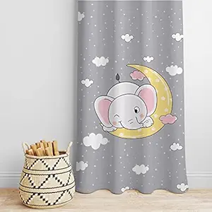 Peach Cuddle Elephant On Moon Printed Kids Curtains for Kids Room, Nursery , Bedroom Playroom (2 Panels , 4x7 Feet) Cute Curtain for Kids Room , Kids Curtain , Printed Curtain, Door Curtain