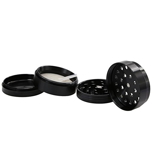 DCOU neue Design Premium Krautmühle mit Siebgrinder bruchfester Aluminium Tabak Mahler Crusher Gewürze mit Blumen auf dem Deckel Magnetisch Ø63mm 4-teilig Schwarz - 6