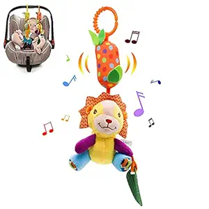 SNOWIE SOFT Baby Soft Hanging Rattle Crinkle Squeaky Toy Car Seat Stroller Toys with Teethers Plush Animal C-Clip Ring for Infant Babies Boys and Girls 3 6 9 to 12 Months (Multi-Colour-Lion)