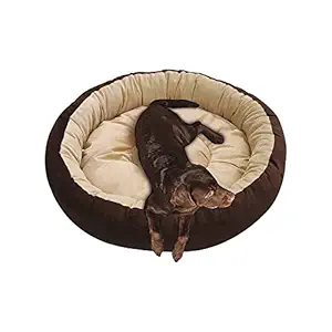 Hiputee Reversible Super Soft Velvet Round Cat Dog Pet Bed Diameter 61 cms Height 15 cms S (Small, Brown Cream) (Small, Brown-Cream)