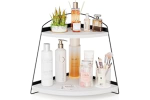 Puricon Corner Bathroom Counter Organizer, 2 Tier Corner Countertop Organizer Vanity Shelf, Wood Bathroom Organizers and Storage for Skincare -White