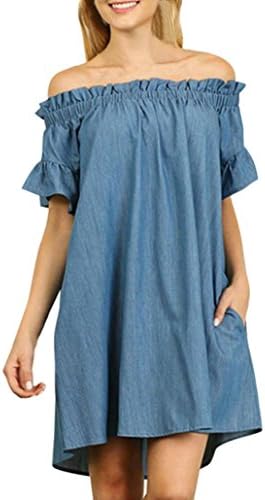 BA Zha Plus Size Women Off Shoulder Denim Look Shirt Dress Top Mini Dress Ladies Party Evening Dress Maxi Sundress Vintage Dress Loose Holiday Vacation Bohemian Casual Dress (S, Light Blue)