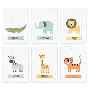 INKOLOGIE Nursery Kids Room Wall Art Decor Poster Print, A4 Size 8.25 x 11.75-inch, Jungle Safari Animals Lion Zebra Giraffe Tiger Crocodile Elephant, 6-Pack, No Frame