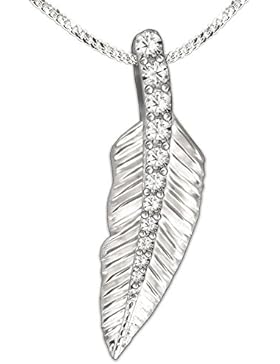 CLEVER SCHMUCK -SET Silberner Anhänger kleine Feder 24 mm sehr plastisch viele weiße Zirkonias mit verdeckter...