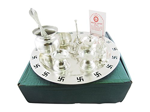 GoldGiftIdeas 9 Inch Silver Plated Swastik Pooja Thali Set with Free Ashtgandh...