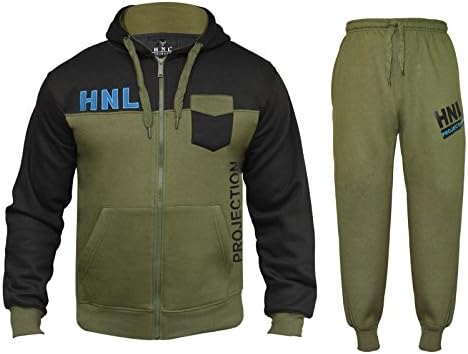 HNL Projection Star Trendz Mens Tracksuit Joggers Sweatshirt Hoddie Zip Up Top Jog Pants Cuffed Trouser Bottoms Sports Pants (Black/Khaki Poacket, Medium)