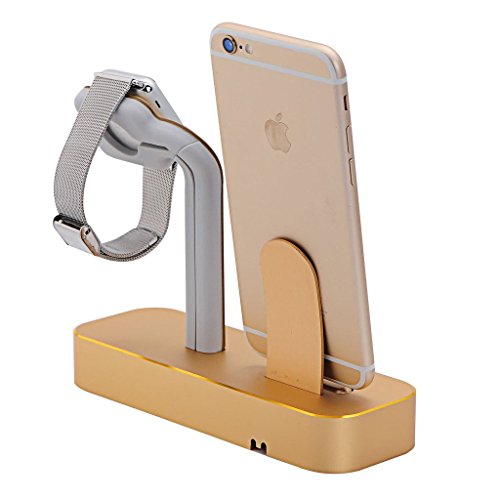 NIUTOP Apple Watch Stand, 2 in 1 Premium Aluminium Charging Dock Station Stand Halter für Apple iWatch & iPhone (iPhone 5/5 s/6/6 Plus, iWatch BASIC/SPORT/EDITION Modell) (A-Gold) - 2