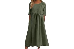 CENUHE 2023 Donne Cotone Lino Abito Manica Corta Crewneck Tasca Abito, Donna Estate Abito