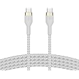 Belkin BoostCharge Pro Flex Braided USB C charger cable, USB-IF certified Power Delivery PD type C fast charging cable for iPhone 16, 15, Galaxy S24, S23, MacBook Pro, iPad, Pixel and more – 1m, white
