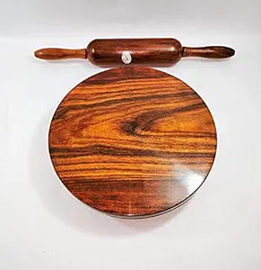 Delux Wood Carver Wooden Chakla,Serving Board, Round Chapati Chakla, Perfect for Making Chappati at Home, Wooden Roti/Chapati Maker, Wood Rolling Board and Rolling Pin Set (Chakla Belan)