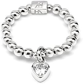 ANNIE HAAK Mini Charm Silver Ring with Tiny Cystal Heart Charm, 925 Sterling Silver Bead Ring