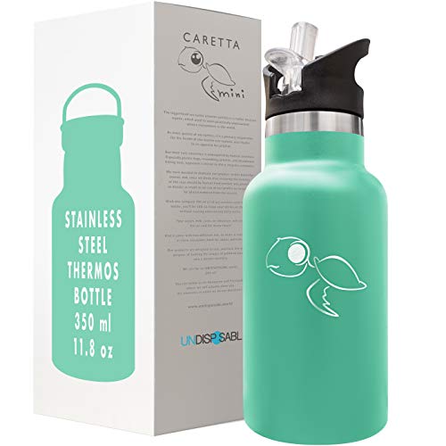 CARETTA mini - Bottiglia termica acciaio 350ml, finanzia RIMOZIONE DELLA PLASTICA da oceani - Borraccia Isolamento doppia parete bambino acqua latte succhi caldi o freddi 8 ore, con Borsa di Tela