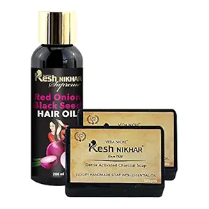 Kesh Nikhar Onion Hair Oil for Hair Growth with Black Seed Oil 200ml With Detox Activated Charcoal Soap |Reduces Suntan & Cooling Effect 125gms