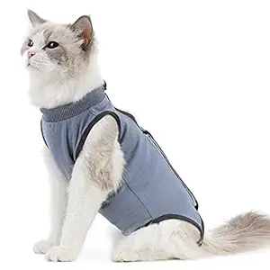 kzrfojy Cat Surgery Recovery Suit Cat Onesie for Cats After Surgery Spay Surgical Abdominal Wound Skin Diseases E-Collar Alternative Wear (Grey-Blue-S)