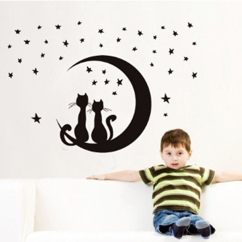 YESURPRISE New PVC Home Art Decor Mural creative Cats Sitting on New Moon Starry Sky Silhouette Wall Stickers Mural Art Decoration For Bedroom/Livingroom/Televison Removable Studyroom sofa Wallpaper Paper House Kids Boys Girls Room Decorative DIY Decoration