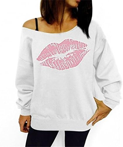 MAOSHANG Plus Size Women Sweatshirts Sexy Red Big Lips Printed Off Shoulder Long-Sleeved Pullovers Hoodies White and Pink Lips L