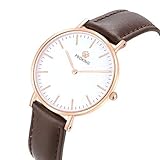 Damen Armbanduhr,PROKING Frauen Mode Rose Gold Fall 6mm Ultradünne Wasserdichte Quarz Saphir Kratzfestes Glas Armbanduhr für Frau mit Echtem Lederband(Braun)