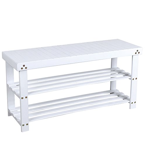 Songmics Schuhbank Sitzbank Schuhregal Badregal aus Bambus lange Version 90 x 45 x 28,7 cm Weiß LBS90B
