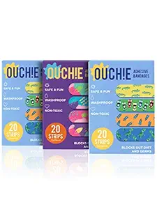 Aya Papaya Ouchie Non-Toxic Printed Bandages Combo Set Of 3 (3 X 20= 60 Pack)- (2 X Blue & 1 Purple)