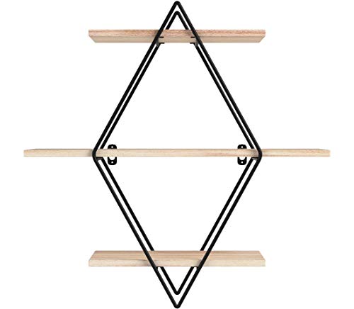 king do way Étagère Murale Design, Étagère Industrielle Vintage en Bois et Métal Étagère Losange avec 3 Étagères pour Chambre Cuisine Bibliothèque Salon ou Café, 50 x 50 x 19 cm