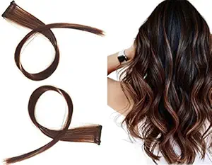 Ekan Straight Single Clip Hair Streak Color/Hair Extension/Hair Highlights For Girls And Women (Set of 2 Pcs) (Dark Sweet Brown)