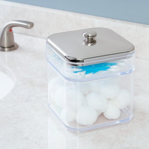 mDesign Wattepadspender und Behälter für Wattestäbchen – Bad Aufbewahrung mit praktischem Deckel – durchsichtig/Chrom - 2