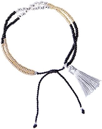 Gold Plated Black Crystal Beaded Double Strand Charming Bead Bracelet with Gray Tassel Pendant