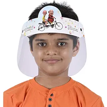 Atrum Shutrum Face Shield Mask for Kids Children Cartoon Motu Patlu Graphics Protection from Virus Dust Eyes Nose Child Care Safety Visor Transparent Adjustable Elastic Comfort Reusable (Set of 1)