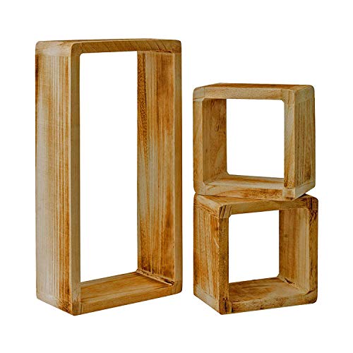 Rebecca Mobili Set 3 Etageres Vintage, Bibliotheque Suspendue, 1 Rectangle 2 Cubes, Bois Clair, pour Chambre Salon - Dimensions: 41 x 21 x 9 cm (HxLxL) - Art. RE4121
