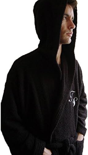 PERSONALIZED MONOGRAM + NAME HOODED COTTON TERRY TOWELING BLACK BATHROBE (M)