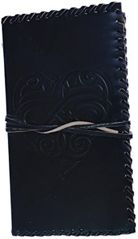 Leather Journal Writing - 9" x 5" Handmade Black Color with Embossed Design Leather Writing Journal with Leather Wrap around Strap - Unlined Paper - 100 Sheets 200 Pages - Travel Diary to Write in