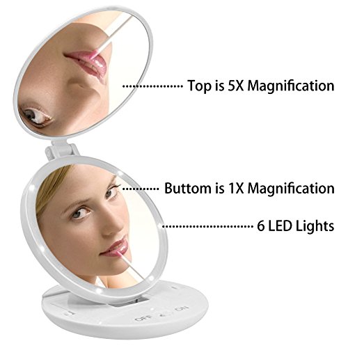 Zuoao Kosmetikspiegel mit 6 LEDs Beleuchtung – Rund Faltbare Make Up Spiegel / Beleuchtet Schminkspiegel / Rasierspiegel für Make up,Reisen mit 5 fach Vergrößerung,Batteriebetrieb(1X/5X Vergrößerung) Weiß - 2