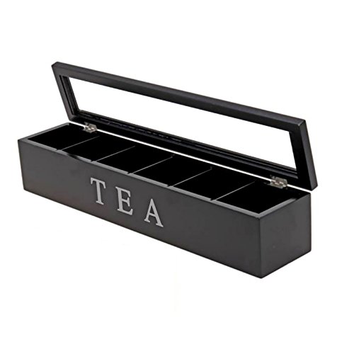 Teebox aus Holz | Teekasten in den Farben Weiß und Schwarz | Teekiste mit 6 Fächern oder als große Teebeutelbox mit 9 Fächern , Auswahl:Schwarz mit 6 Fächern - 2