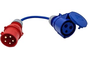 HDIUK UK Made 3-Phase to Single Phase 32A 5-Pin Red Plug to 32A 3-Pin 230v Coupler Socket. 4mm2 Fly Lead for DG Mains