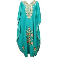 Mogul Interior Womens Kimono Caftan Blue Designer Embellished Kaftan Dress One Size